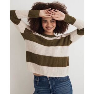 MADEWELL Women’s Green and Cream Striped Long Sleeve Ribbed Crewneck Pointelle S